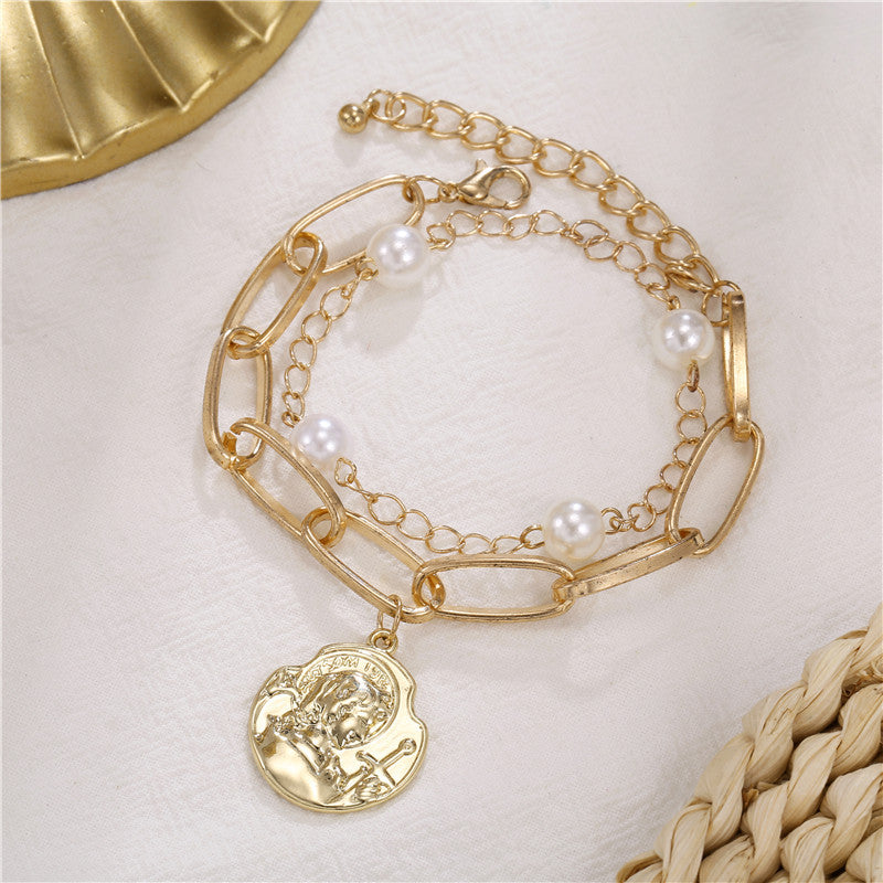 Vintage Minimalist Round Pearl Double Layer Chain Bracelet