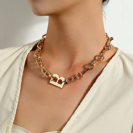 Minimalist Letter B Pendant Necklace for Women - Plated Alloy Statement Collar Chain
