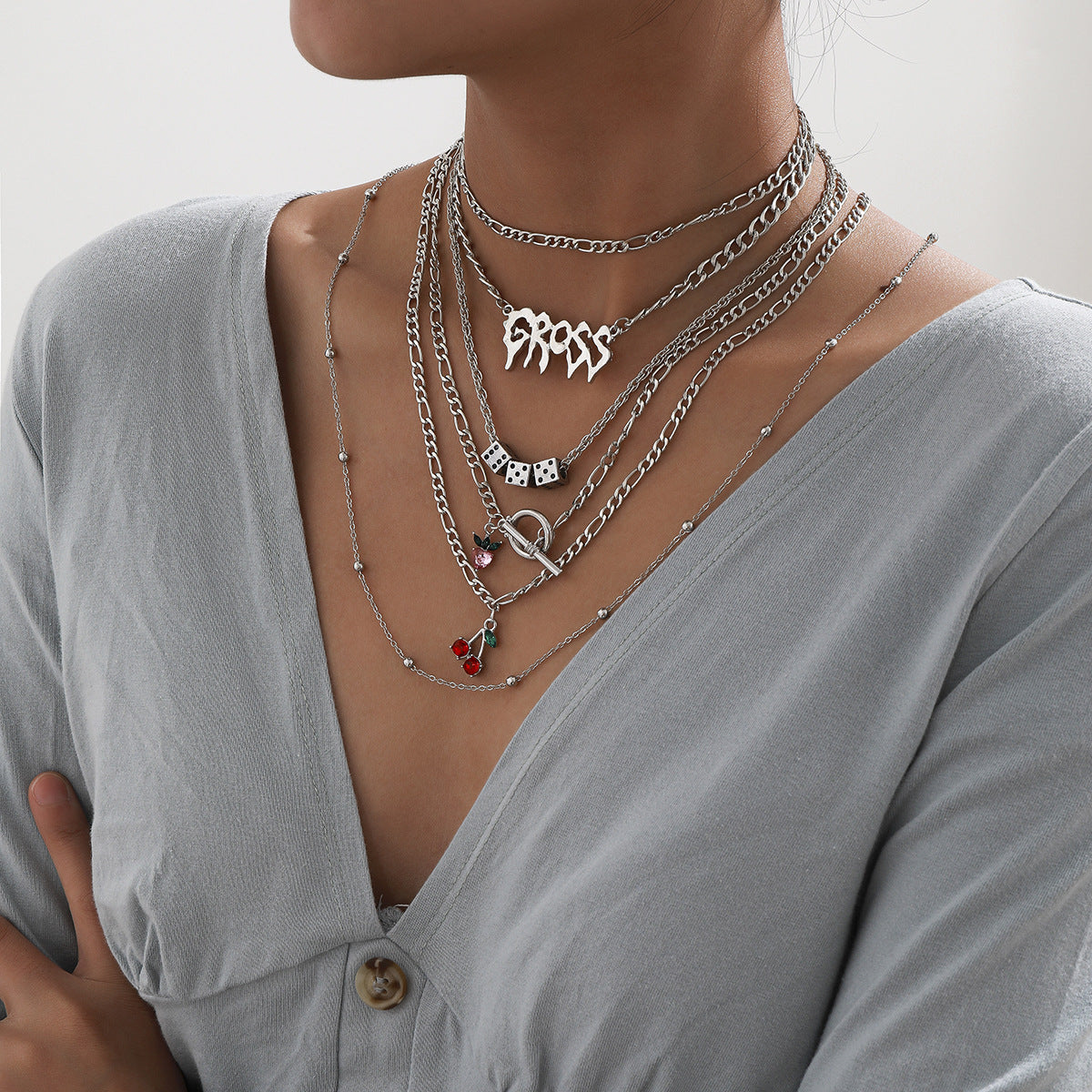 Exaggerated Multi-Layer Geometric Letter Dice Alloy Plated Necklace Set with Singapore Chain for Women