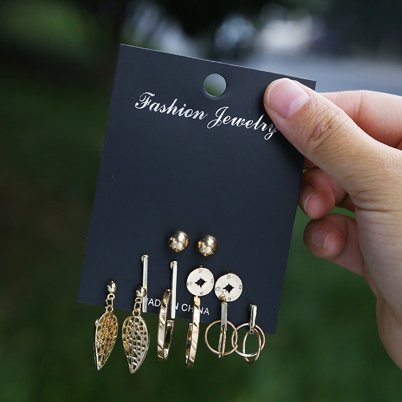 Vintage Geometric Leaf Compass Hollow Rectangle Round Stud Earrings Set Alloy Plated Micro-inlay Unisex