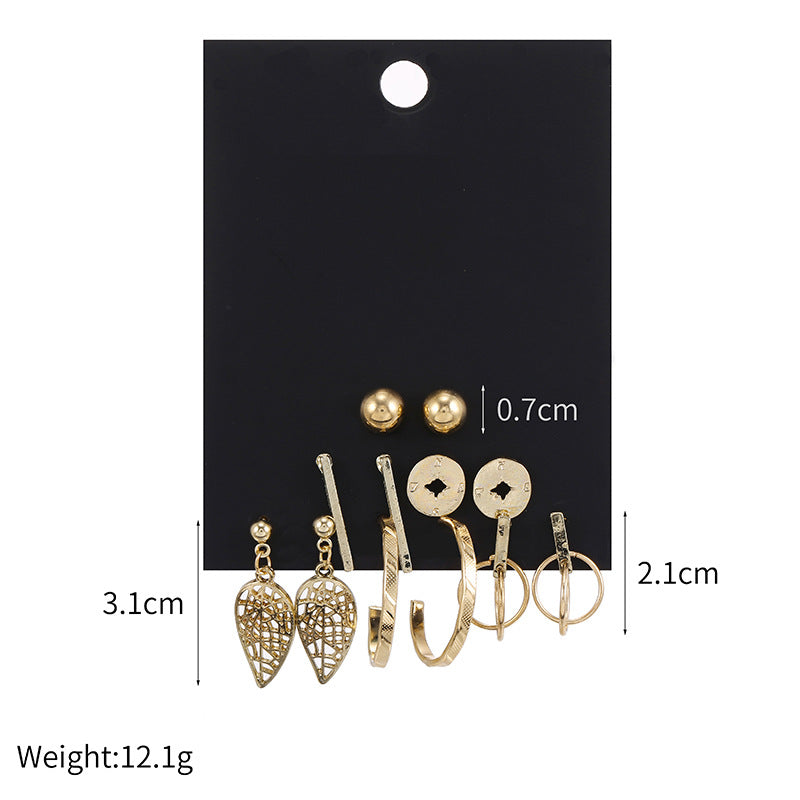 Vintage Geometric Leaf Compass Hollow Rectangle Round Stud Earrings Set Alloy Plated Micro-inlay Unisex