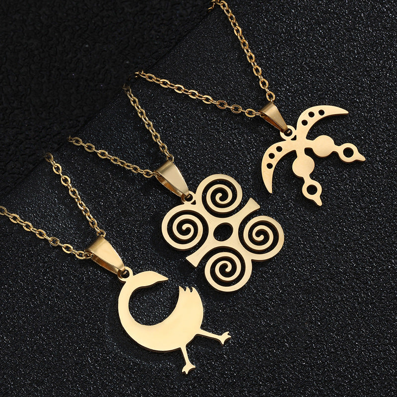 Collana con Pendente Simbolo Adinkra Geometrico per Donne e Uomini, Catena in Acciaio Inossidabile Dorato con Maglia O in Acciaio al Titanio, Stile Casual alla Moda