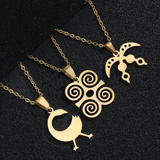 Geometric Adinkra Symbol Pendant Necklace for Women Men, Gold Stainless Steel Chain with Titanium Steel O-Link, Fashion Casual Style