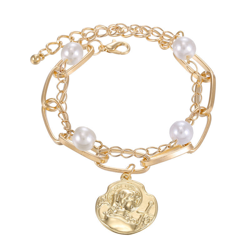 Vintage Minimalist Round Pearl Double Layer Chain Bracelet