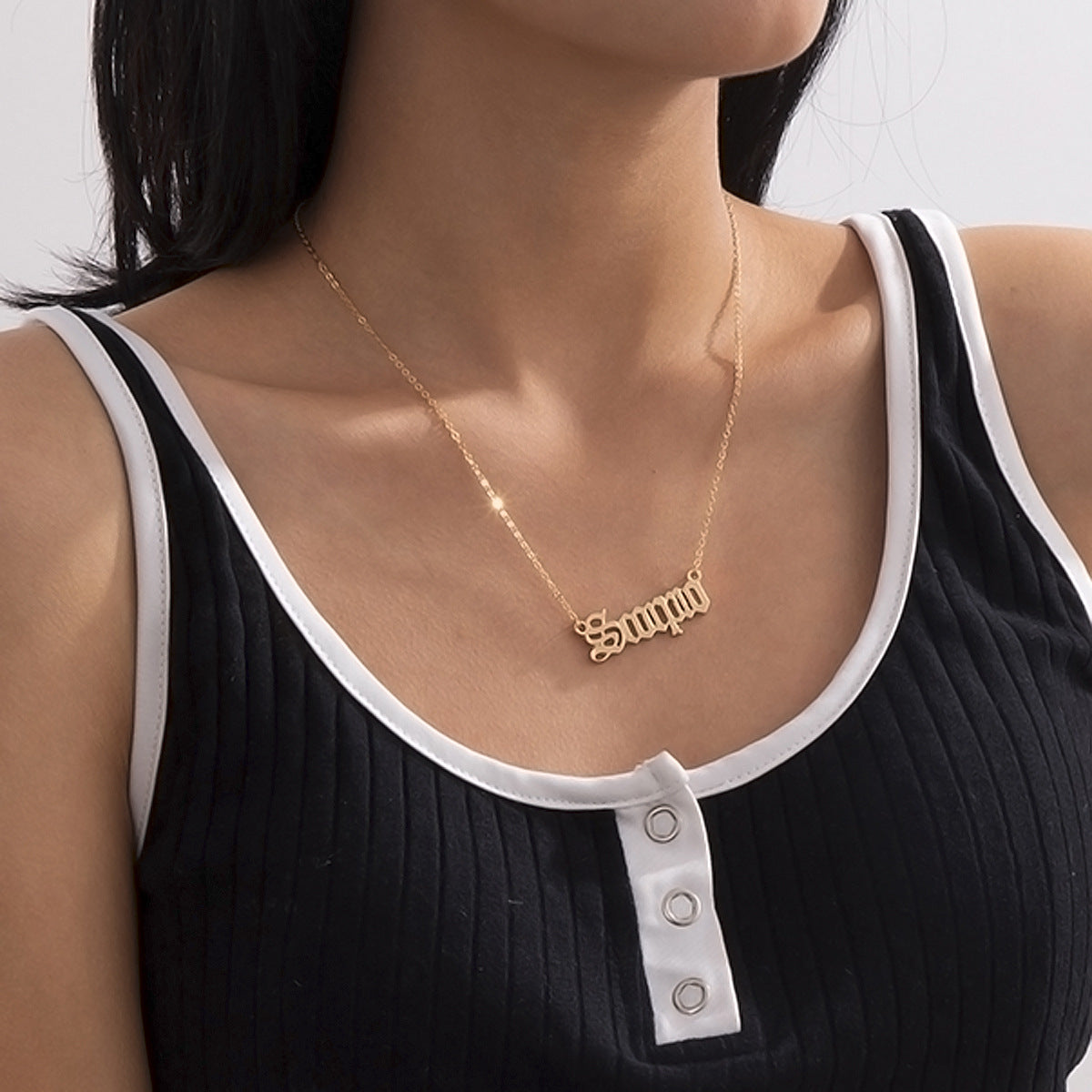 Minimalist Alloy Plated Letter Pendant Curb Chain Necklace for Women
