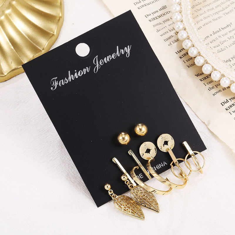 Vintage Geometric Leaf Compass Hollow Rectangle Round Stud Earrings Set Alloy Plated Micro-inlay Unisex