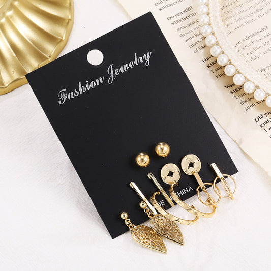 Vintage Geometric Leaf Compass Hollow Rectangle Round Stud Earrings Set Alloy Plated Micro-inlay Unisex