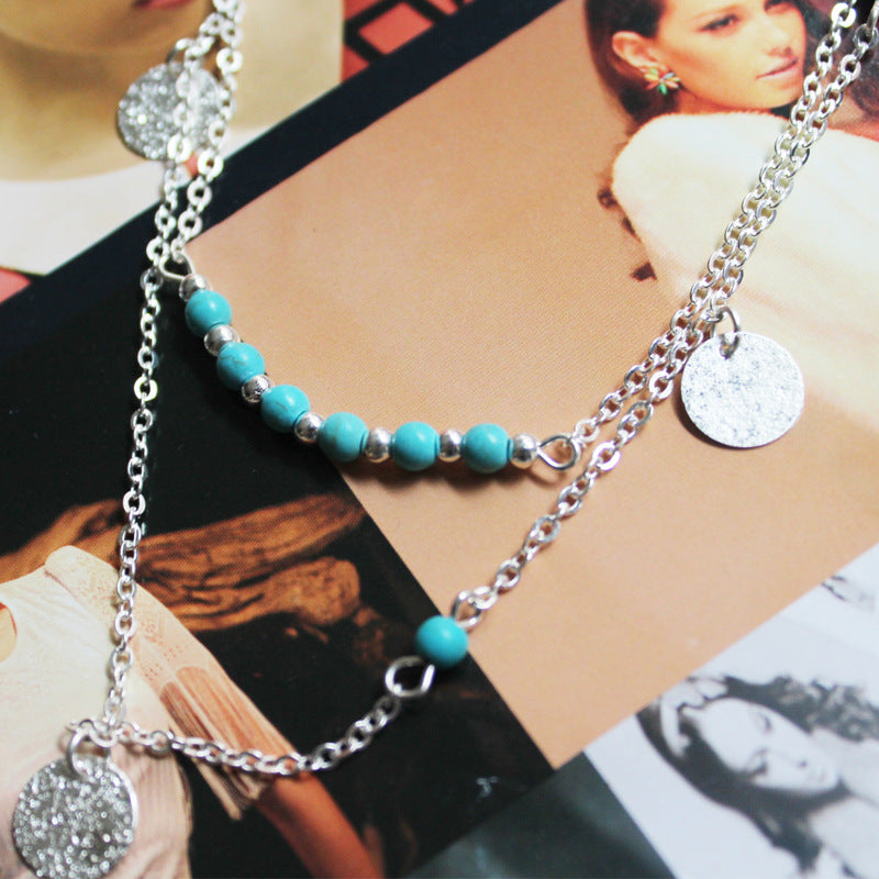 Multi-Layer Round Disc Necklace with Turquoise Pendant for Women Cross Chain Alloy Jewelry