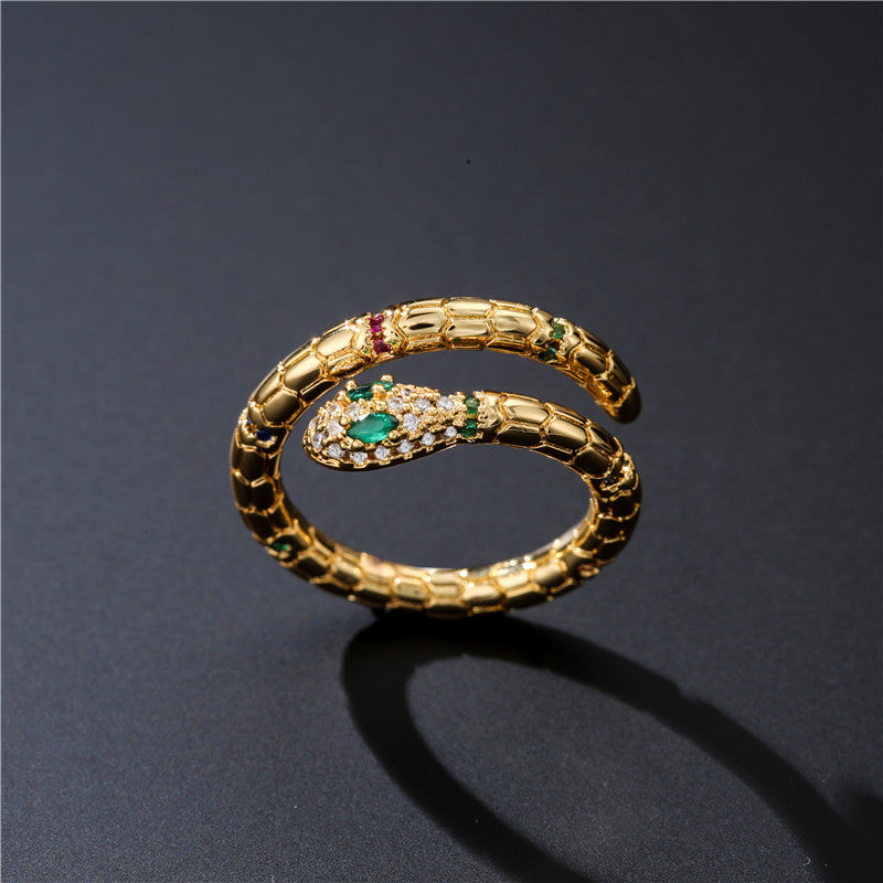 Anello da donna a forma di serpente con intarsio in strass, placcato in rame, design aperto, gioielli alla moda stile Ins