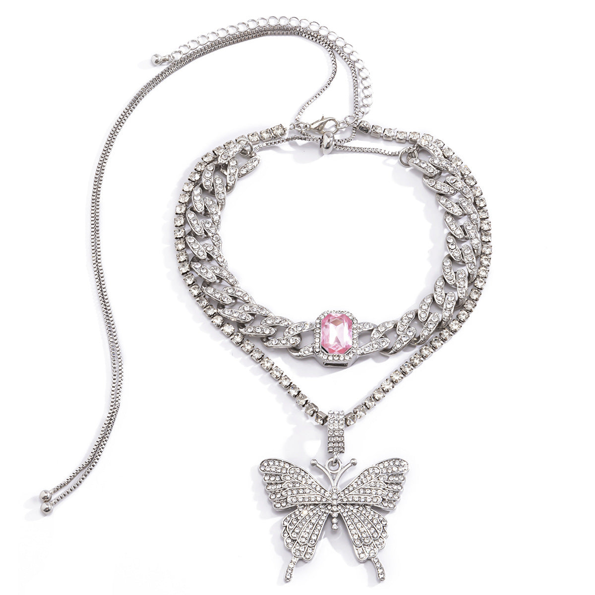 Elegant Rhinestone Inlaid Butterfly Pendant Alloy Cuban Link Chain Necklace for Women