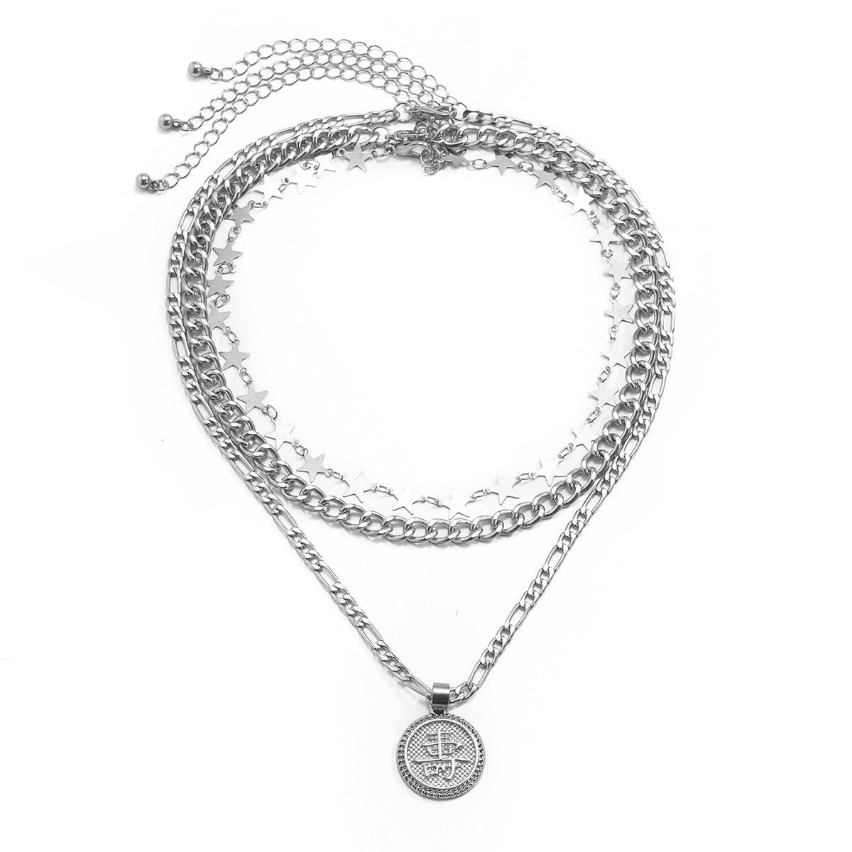 Sweet Punk Geometric Star Round Alloy Plated Pendant Necklace Set with Curb Chain for Women