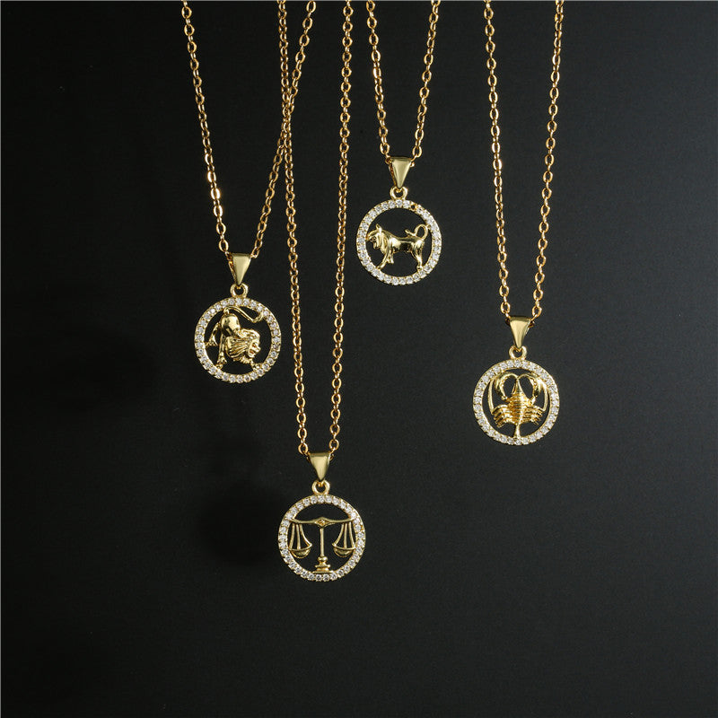 Collana con ciondolo Segni zodiacali dorati per donna, catena a O intarsiata in rame, design a borraccia, stile casual, alla moda, per il pendolarismo