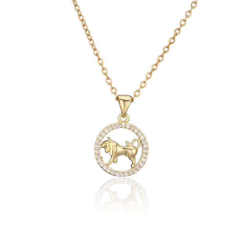 Collana con ciondolo Segni zodiacali dorati per donna, catena a O intarsiata in rame, design a borraccia, stile casual, alla moda, per il pendolarismo