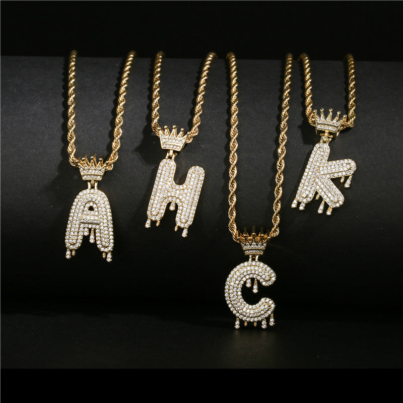 Punk Hip-hop Gold Plated Letter Teardrop Brass Pendant Necklace with Rope Chain