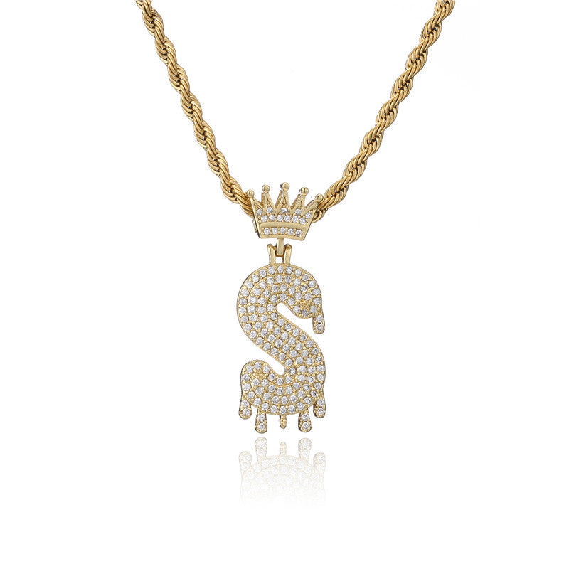 Punk Hip-hop Gold Plated Letter Teardrop Brass Pendant Necklace with Rope Chain