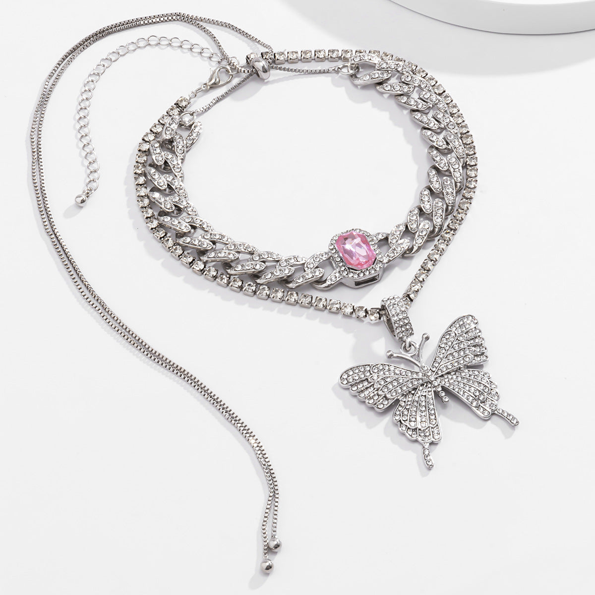 Elegant Rhinestone Inlaid Butterfly Pendant Alloy Cuban Link Chain Necklace for Women