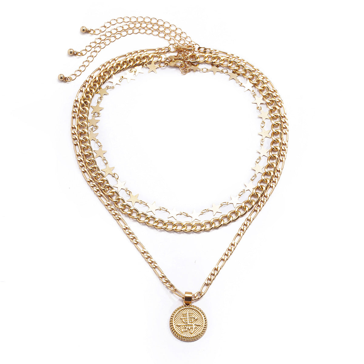 Sweet Punk Geometric Star Round Alloy Plated Pendant Necklace Set with Curb Chain for Women