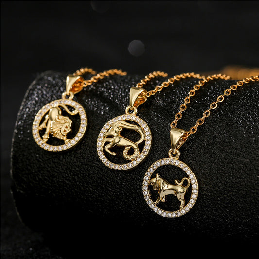 Collar con colgante de los doce signos del zodiaco dorados para mujer, cadena O incrustada de cobre, diseño de botella de agua, estilo casual a la moda para el día a día