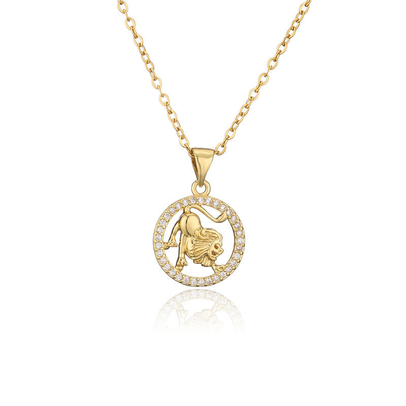 Collana con ciondolo Segni zodiacali dorati per donna, catena a O intarsiata in rame, design a borraccia, stile casual, alla moda, per il pendolarismo