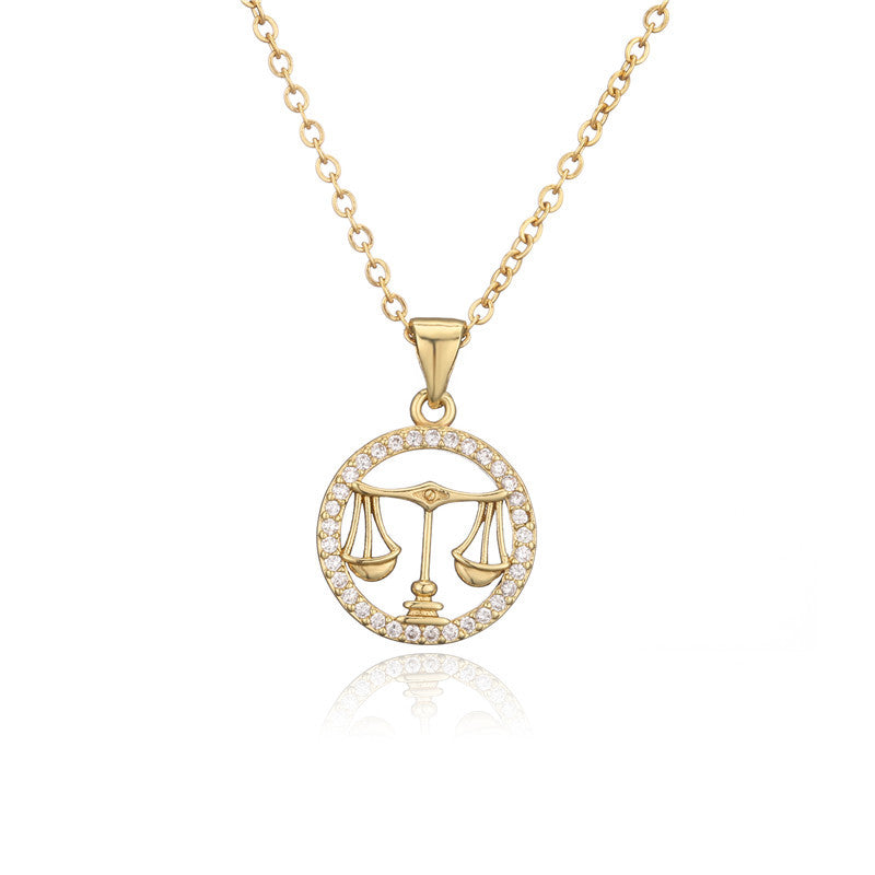 Collana con ciondolo Segni zodiacali dorati per donna, catena a O intarsiata in rame, design a borraccia, stile casual, alla moda, per il pendolarismo