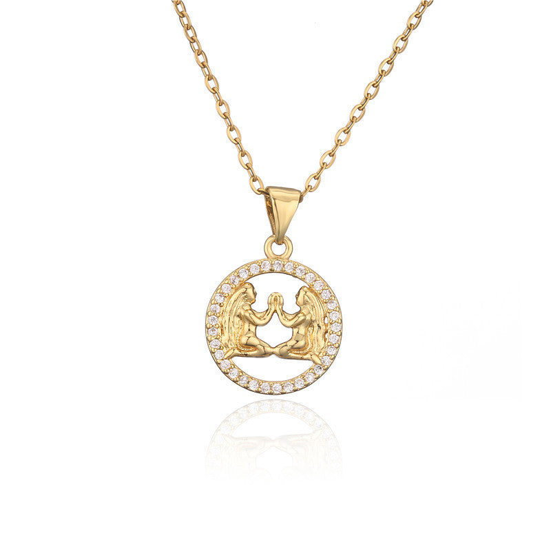 Collana con ciondolo Segni zodiacali dorati per donna, catena a O intarsiata in rame, design a borraccia, stile casual, alla moda, per il pendolarismo