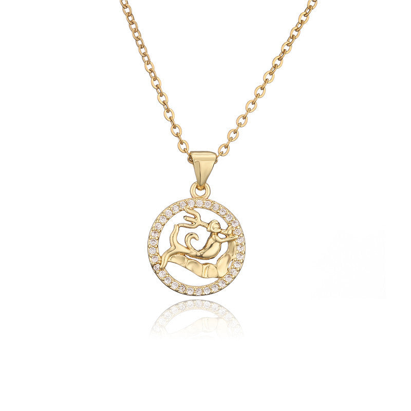 Collana con ciondolo Segni zodiacali dorati per donna, catena a O intarsiata in rame, design a borraccia, stile casual, alla moda, per il pendolarismo