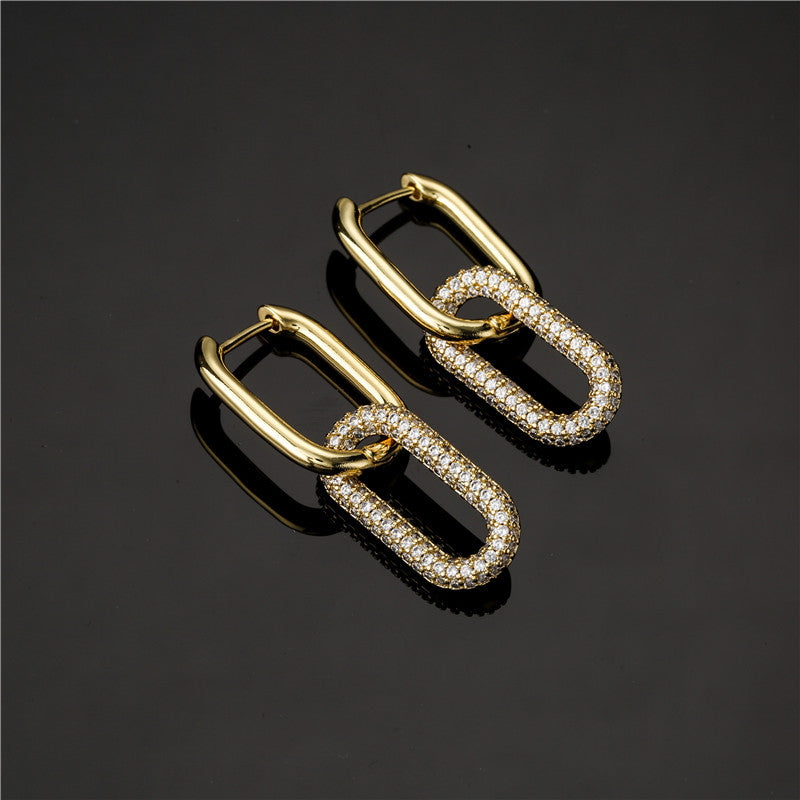 Hip-hop Elegant Geometric Gold Plated Brass Earrings with Colorful Cubic Zirconia Inlay Double Ring Buckle