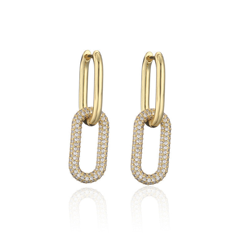 Hip-hop Elegant Geometric Gold Plated Brass Earrings with Colorful Cubic Zirconia Inlay Double Ring Buckle