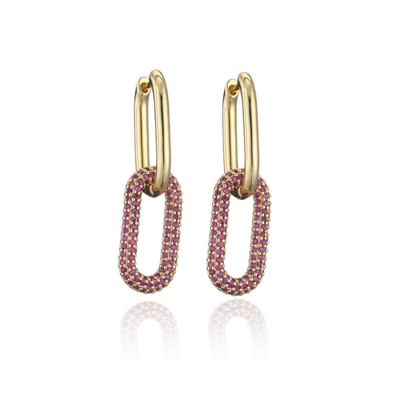 Hip-hop Elegant Geometric Gold Plated Brass Earrings with Colorful Cubic Zirconia Inlay Double Ring Buckle