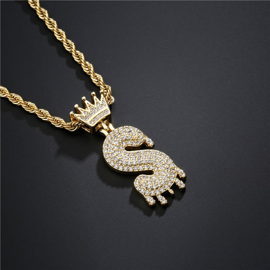 Punk Hip-hop Gold Plated Letter Teardrop Brass Pendant Necklace with Rope Chain