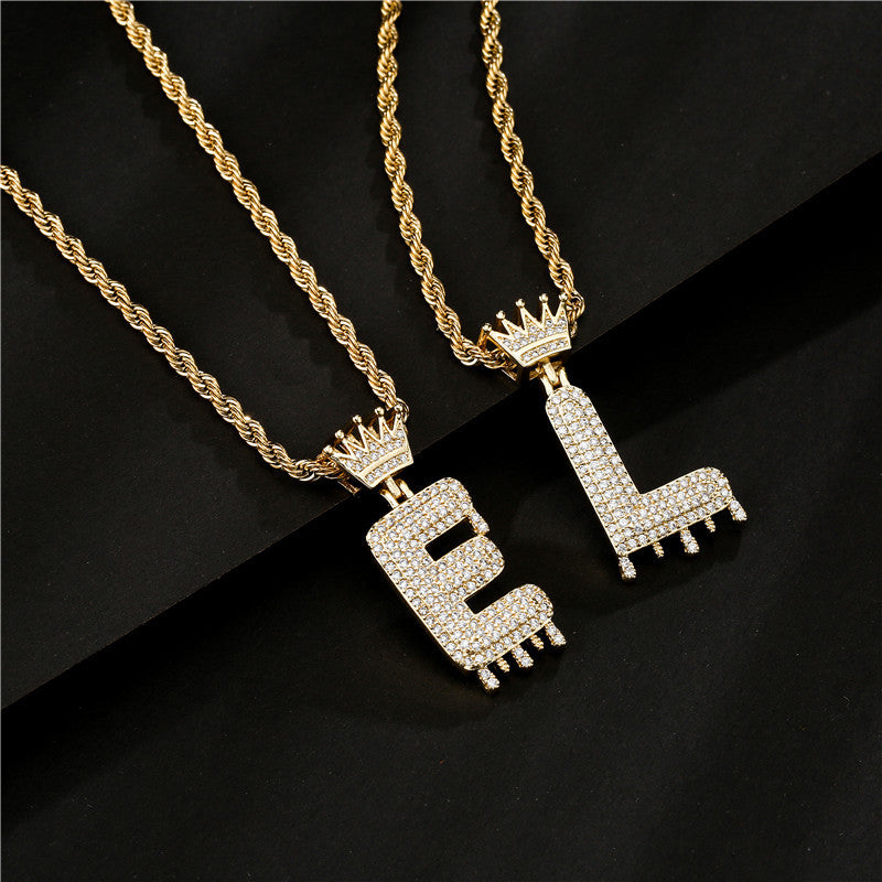 Punk Hip-hop Gold Plated Letter Teardrop Brass Pendant Necklace with Rope Chain