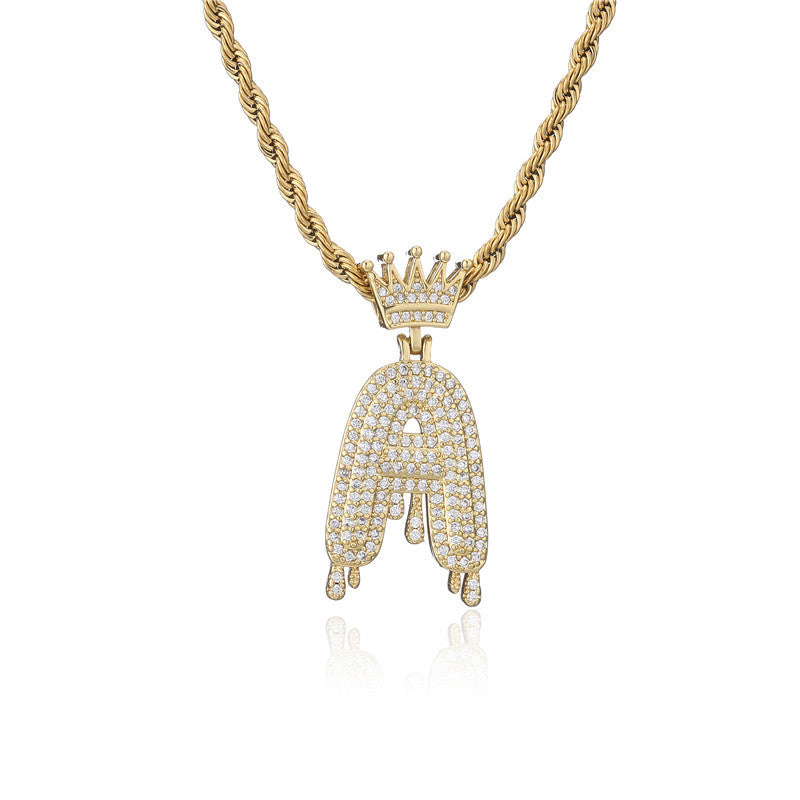 Punk Hip-hop Gold Plated Letter Teardrop Brass Pendant Necklace with Rope Chain