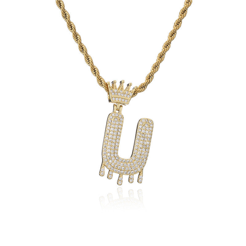 Punk Hip-hop Gold Plated Letter Teardrop Brass Pendant Necklace with Rope Chain