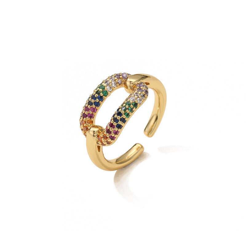 Anillo de Cobre para Mujer con Incrustaciones de Pedrería Geométrica, Estilo Minimalista Trendy, Joyería Unisex