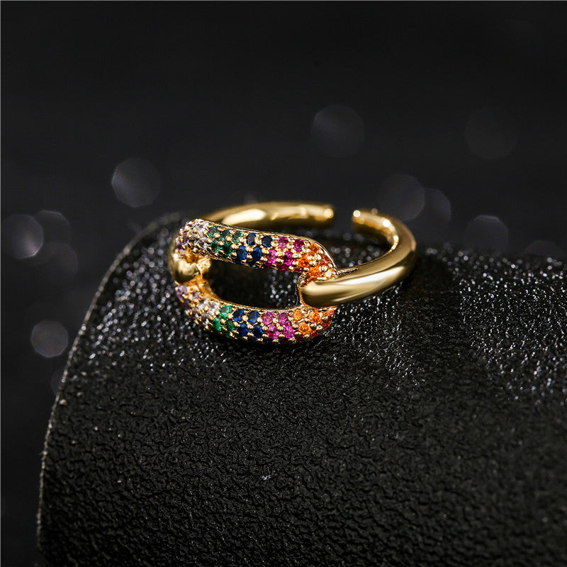 Anillo de Cobre para Mujer con Incrustaciones de Pedrería Geométrica, Estilo Minimalista Trendy, Joyería Unisex