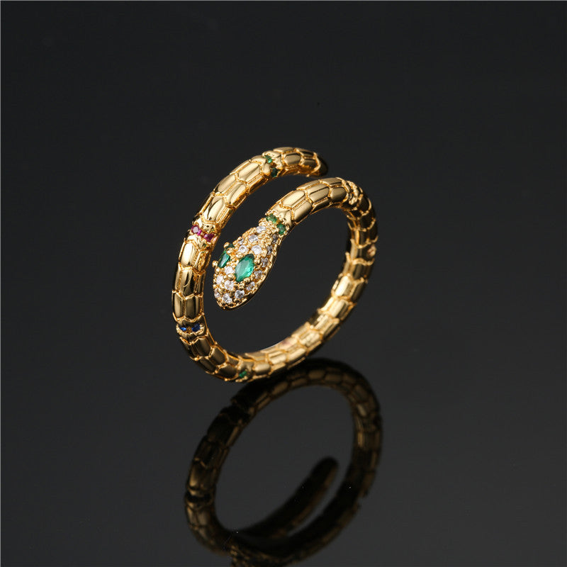 Anello da donna a forma di serpente con intarsio in strass, placcato in rame, design aperto, gioielli alla moda stile Ins