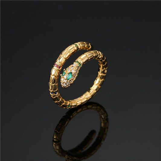 Anello da donna a forma di serpente con intarsio in strass, placcato in rame, design aperto, gioielli alla moda stile Ins