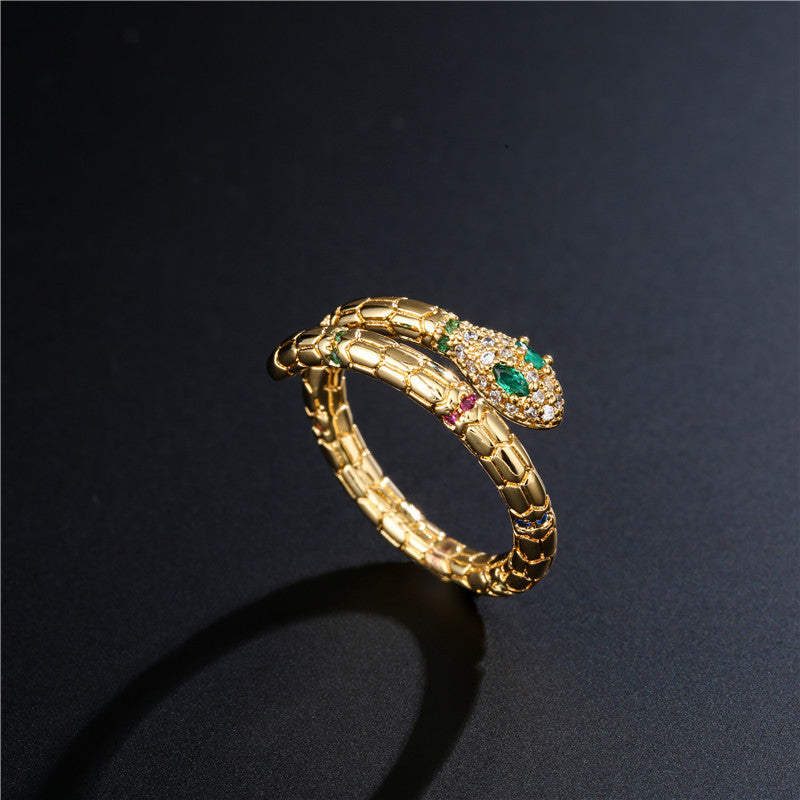 Anello da donna a forma di serpente con intarsio in strass, placcato in rame, design aperto, gioielli alla moda stile Ins
