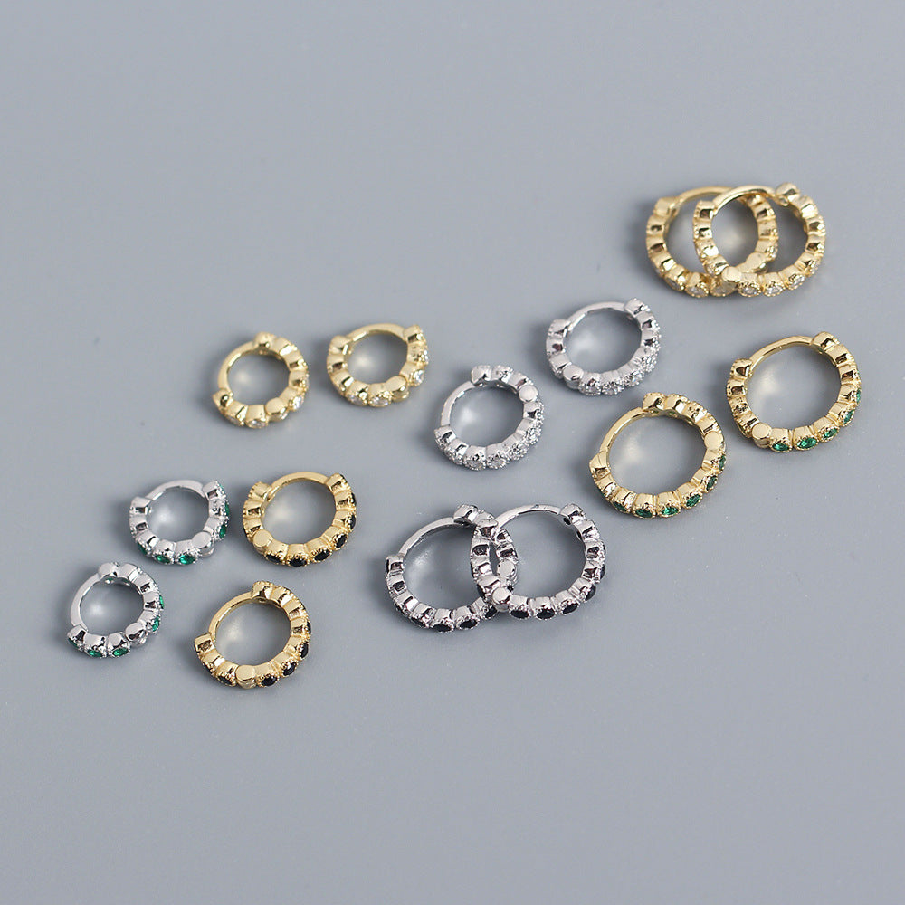 Streetwear 925 Argento Sterling Geometrico Rotondo con Strass Incastonati Orecchino a Polsino