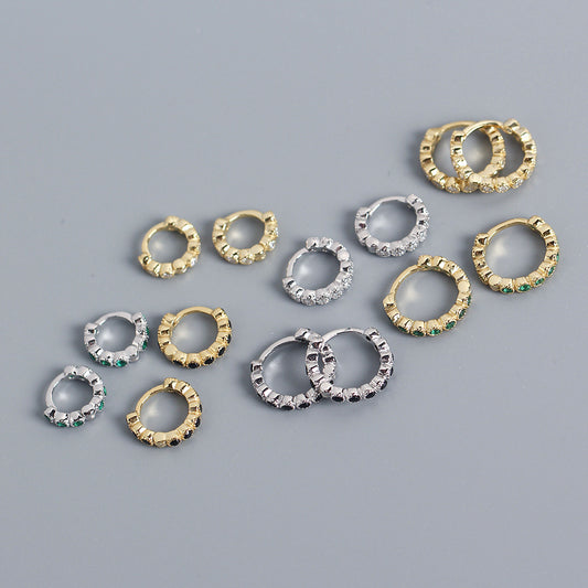 Streetwear 925 Argento Sterling Geometrico Rotondo con Strass Incastonati Orecchino a Polsino