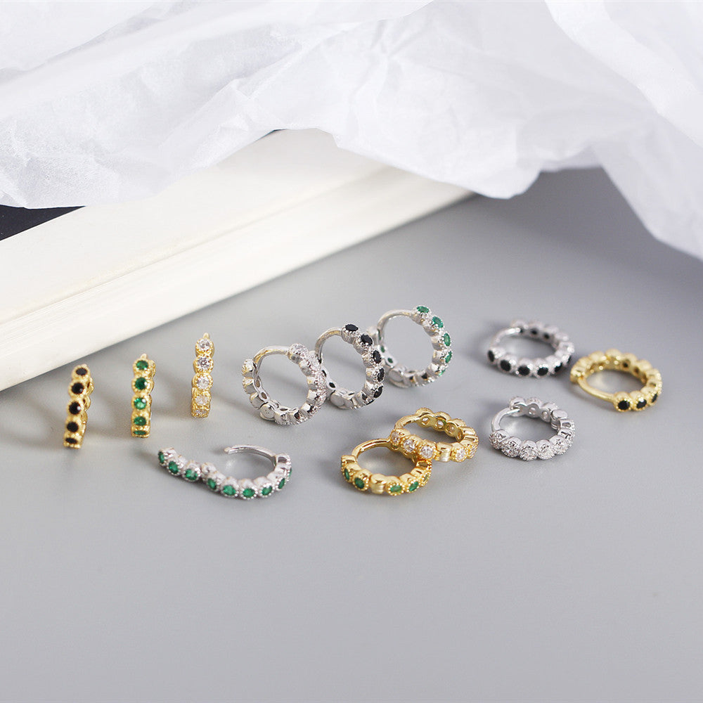 Streetwear 925 Argento Sterling Geometrico Rotondo con Strass Incastonati Orecchino a Polsino