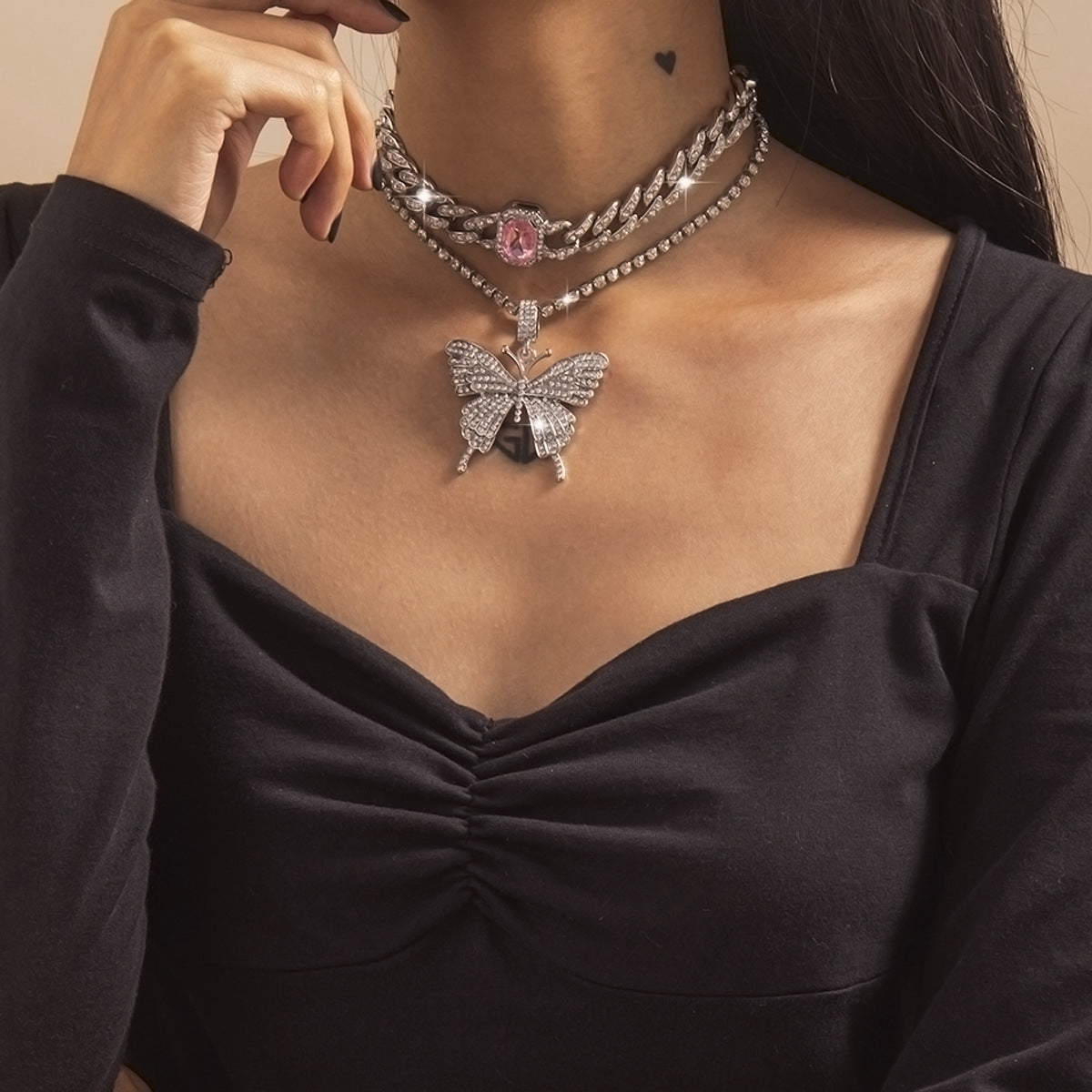 Elegant Rhinestone Inlaid Butterfly Pendant Alloy Cuban Link Chain Necklace for Women