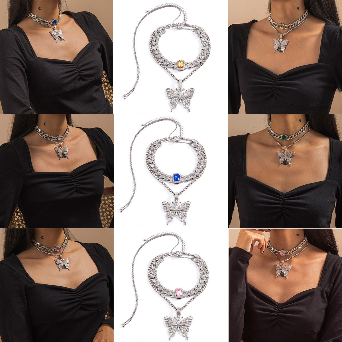 Elegant Rhinestone Inlaid Butterfly Pendant Alloy Cuban Link Chain Necklace for Women