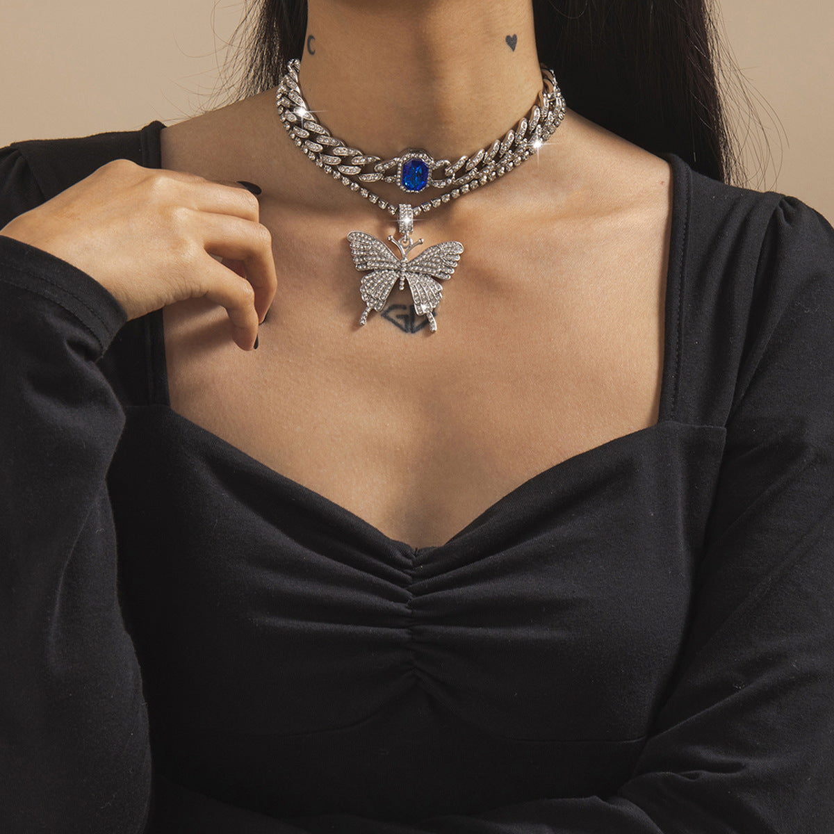 Elegant Rhinestone Inlaid Butterfly Pendant Alloy Cuban Link Chain Necklace for Women