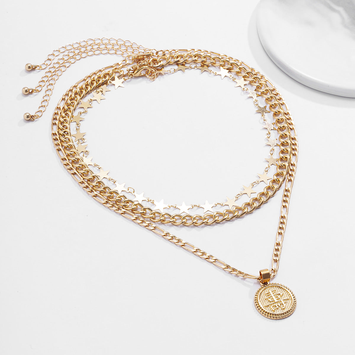 Sweet Punk Geometric Star Round Alloy Plated Pendant Necklace Set with Curb Chain for Women