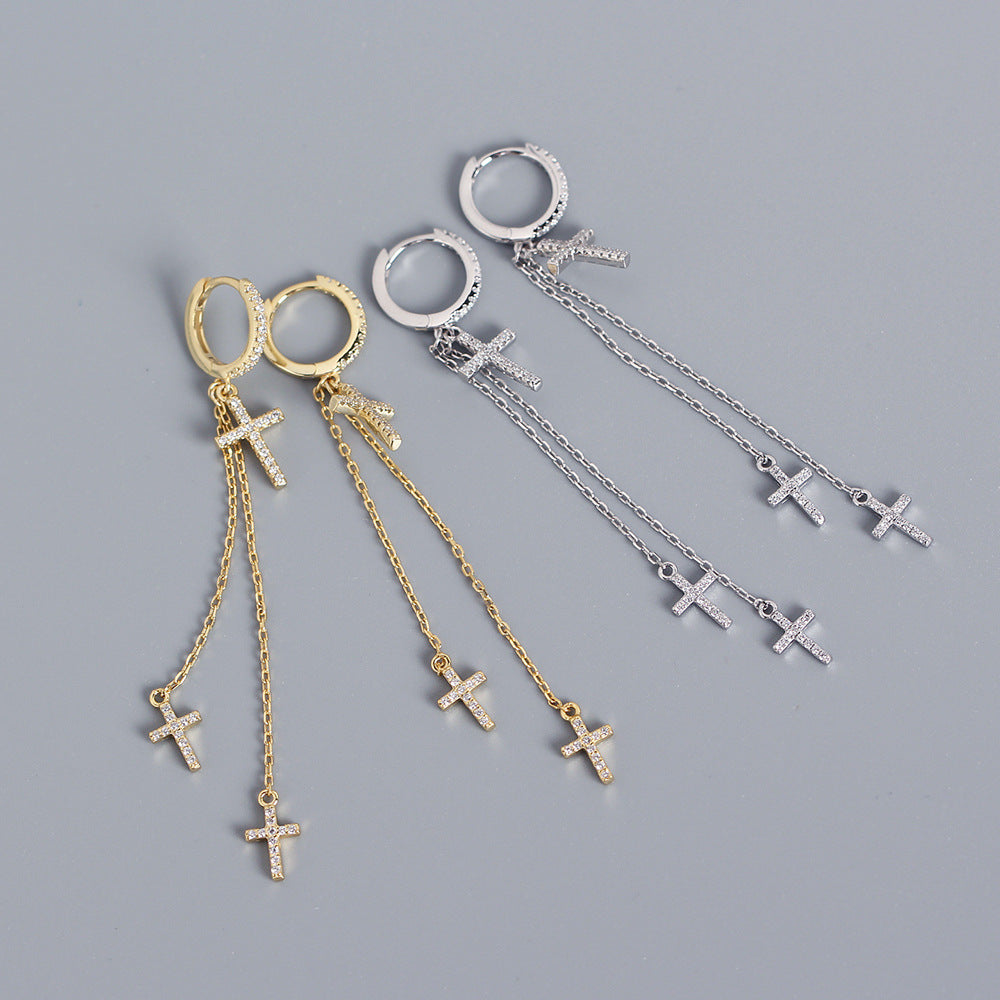 Orecchini da donna con croce in argento sterling 925 e strass intarsiati