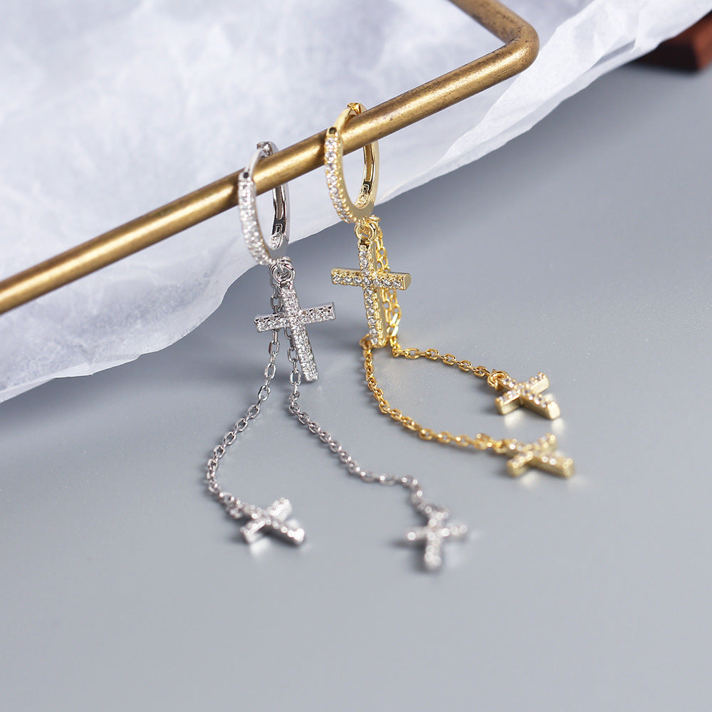 Orecchini da donna con croce in argento sterling 925 e strass intarsiati