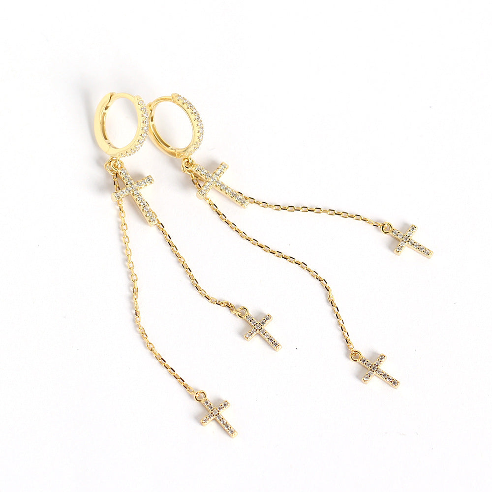 Orecchini da donna con croce in argento sterling 925 e strass intarsiati