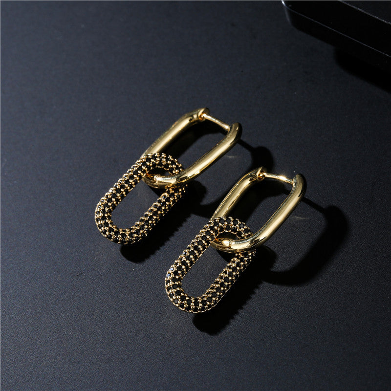 Hip-hop Elegant Geometric Gold Plated Brass Earrings with Colorful Cubic Zirconia Inlay Double Ring Buckle