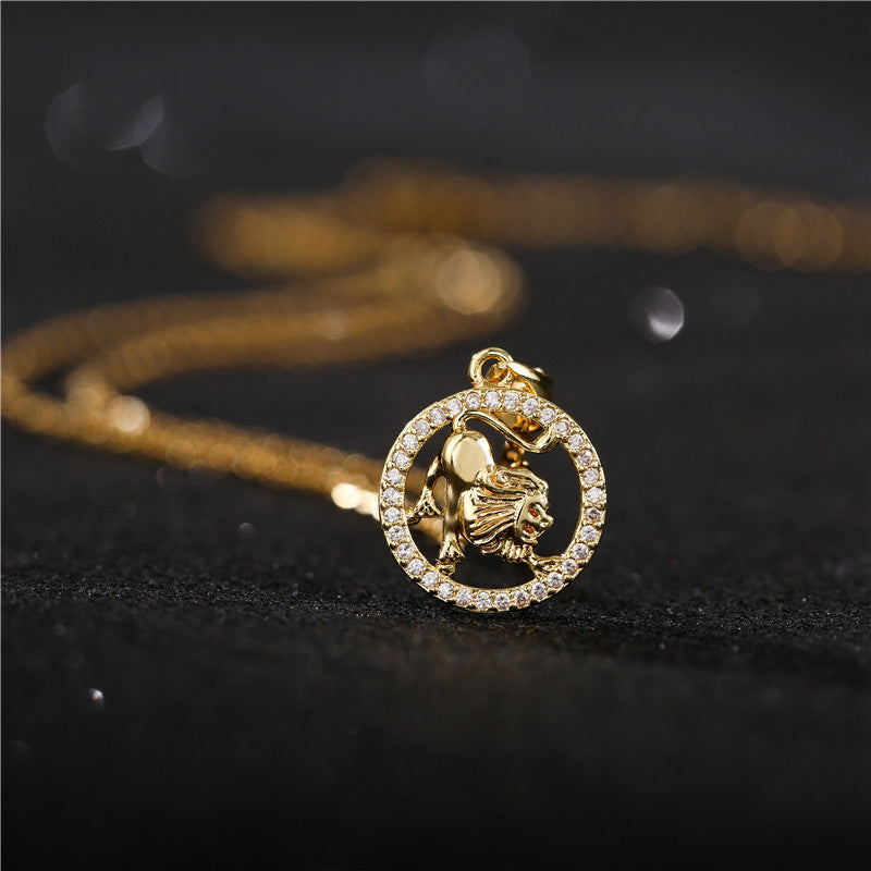 Collana con ciondolo Segni zodiacali dorati per donna, catena a O intarsiata in rame, design a borraccia, stile casual, alla moda, per il pendolarismo